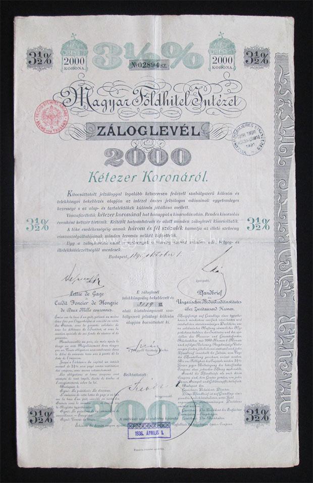 Magyar Fldhitel Intzet 3,5% zloglevl 2000 korona 1895